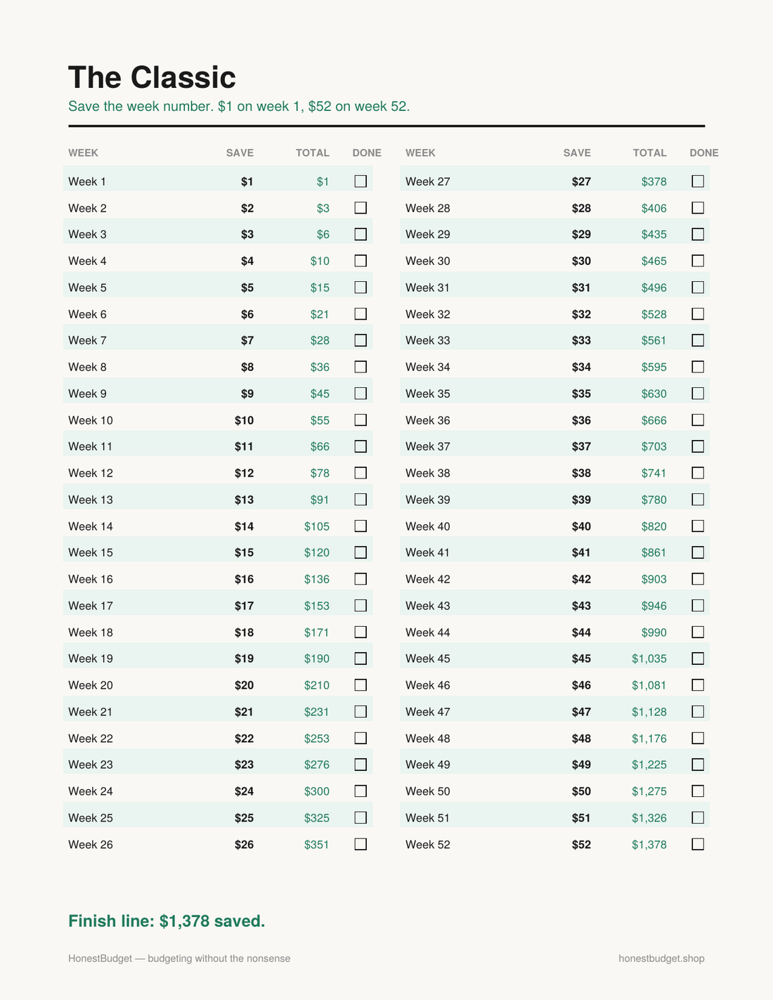 Real screenshot: the Classic 52-week savings challenge printable