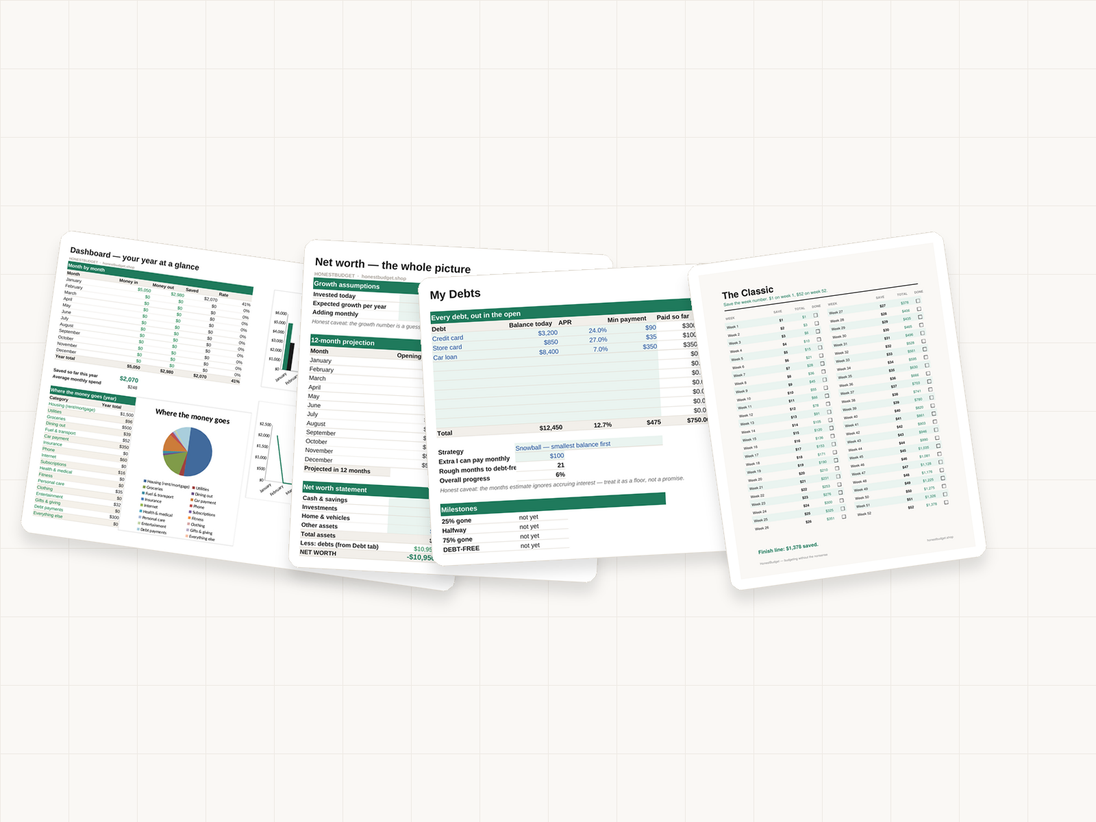 The Everything Bundle: Complete — the Complete spreadsheet's Dashboard and Net Worth tabs, the debt payoff tracker and the 52-week challenge shown together
