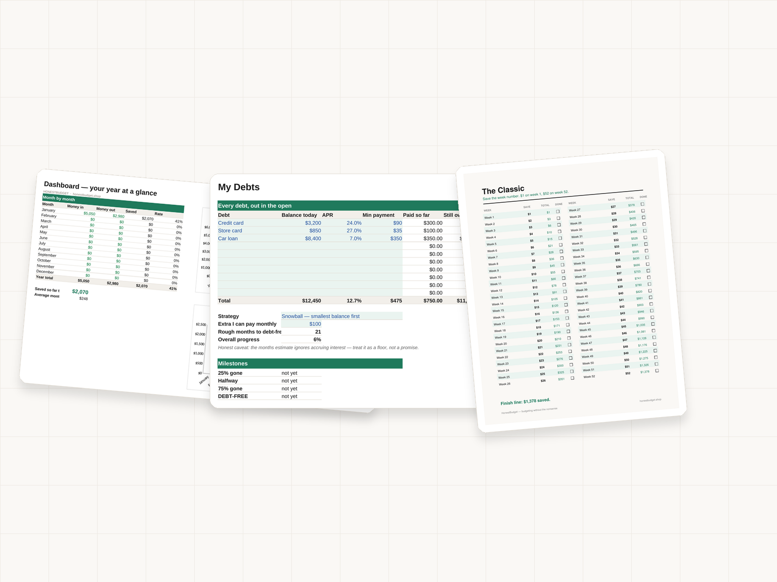 The Everything Bundle — the budget spreadsheet, debt payoff tracker and 52-week challenge shown together