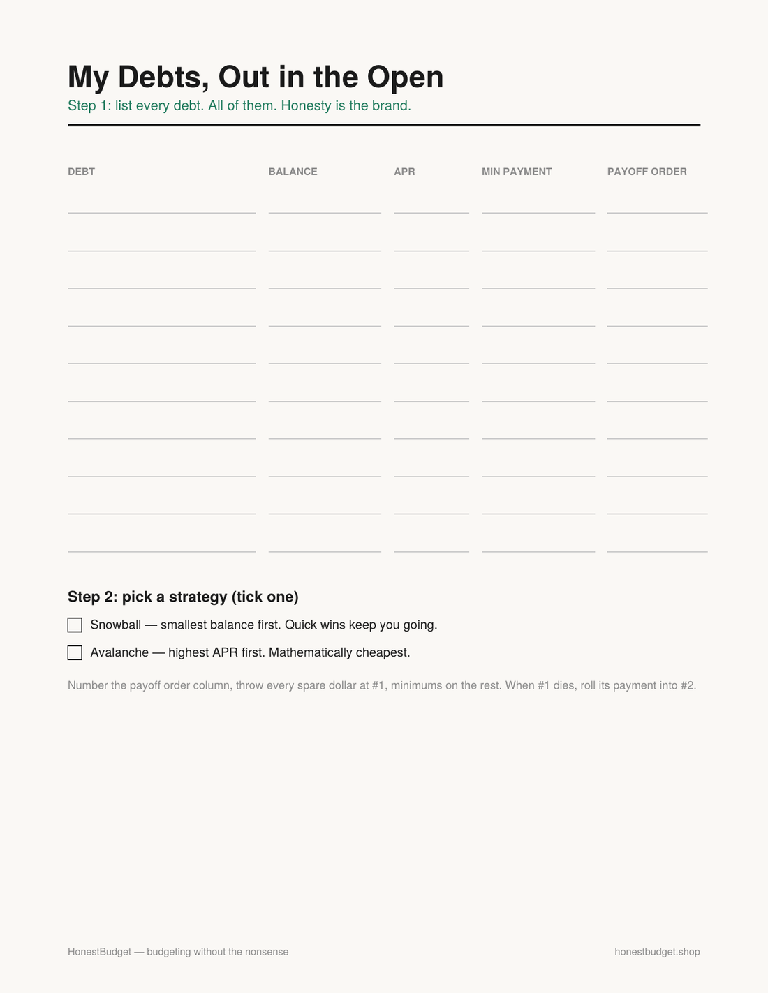 Real screenshot: printable page from the Debt Payoff Tracker