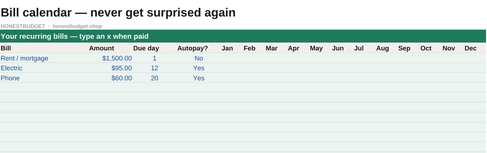 Real screenshot: bills tab of The Honest Budget Spreadsheet with example bills